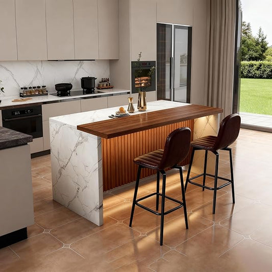 63 inch Kitchen Island Set with 2 Dark Brown Bar Stools White Marble Look, LED Lighting Grill for Dining Room, Open Concept Spaces, Lounge(2 Dark Brown Bar Stools)