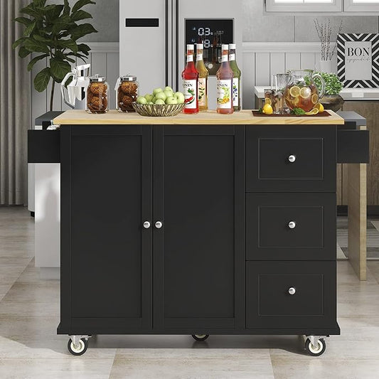 GOWE Rolling Mobile Kitchen Island with Solid Wood Top and Locking Wheels,52.7 Inch Width,Storage Cabinet and Drop Leaf Breakfast Bar,Spice Rack, Towel Rack & Drawer (Black)