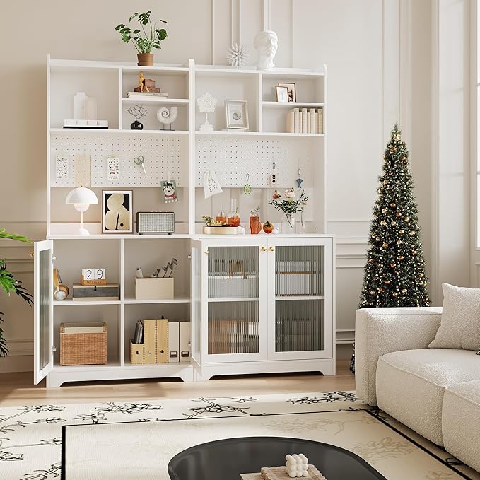 71" Kitchen Pantry Cabinet with Double Glass Doors and Pegboard, Wooden Cabinet with Open Shelves and Countertop,Kitchen Hutch with Storage for Dining Room or Living Room, White