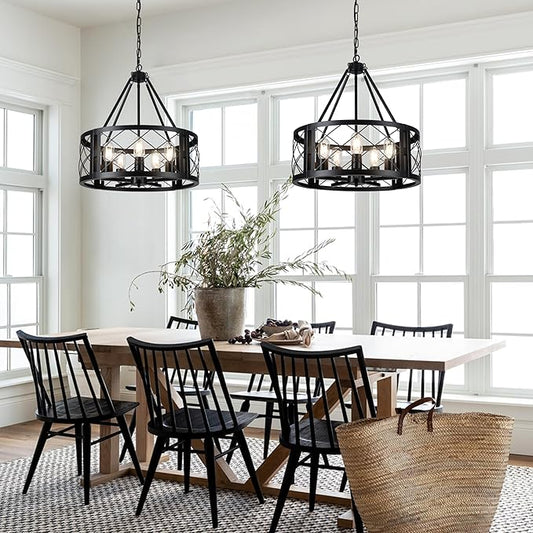 5 Light Dining Room Light Fixture, 19.8" Black Farmhouse Chandelier Rustic Round Hanging Pendant Lighting for Dining Room Entryway Hallway Bedroom