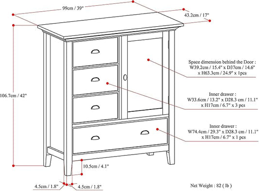 SIMPLIHOME Redmond Storage Cabinet - 39 inch Wide Solid Wood Medium Storage Cabinet in Farmhouse Grey, Transitional Accent Cabinet for Entryway or Living Room with 4 Drawers and Cabinet Storage