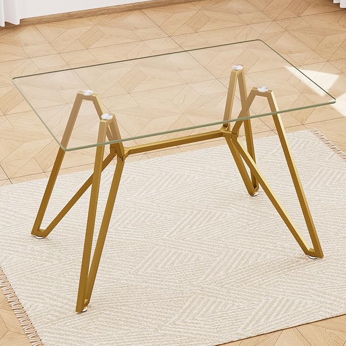 Glass Dining Table,47.3'' Rectangular Dining Kitchen Table,Modern Dining Room Table with Gold Metal Base for Dining Room (Gold,47.3'')