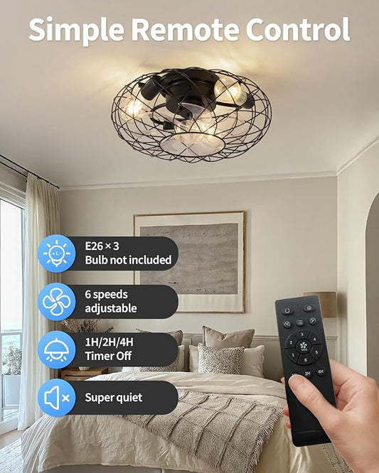 KDG 15.8″ Retro Low Profile LED Ceiling Fans with Light, Reversible Ceiling Fans Flush Mount with Remote and 6 Speeds, E26 Base Buld for Bedroom, Dinning Room, Kids Room, Kitchen