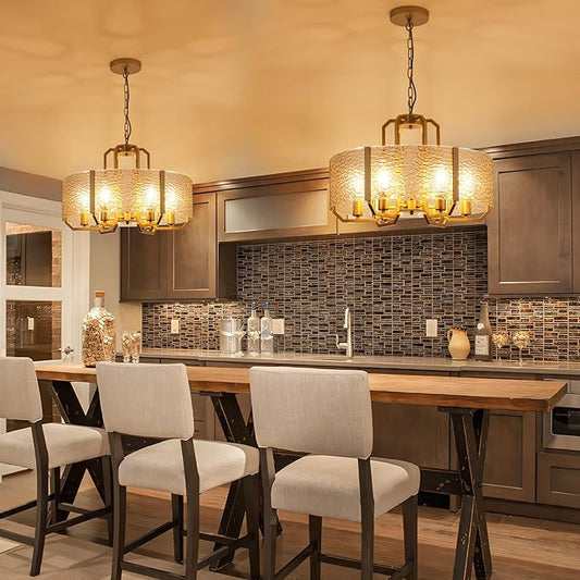 COCOSTAR Modern Glass Drum Chandeliers for Dining Room,6 Lights Farmhouse Crystal Chandelier,24" Vintage Foyer Lighting Fixtures,Gold Pendant Lights for Kitchen Island,Bedroom,Living Room