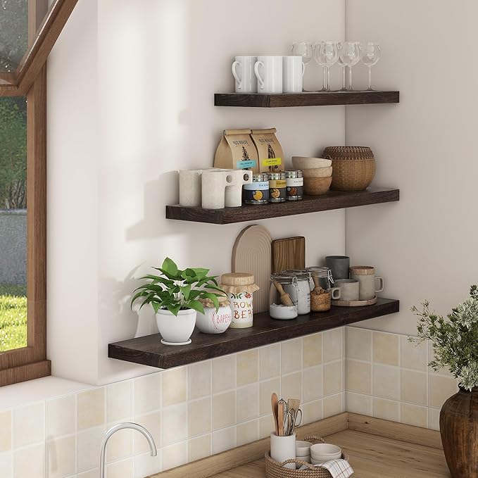 Axeman Floating Shelves for Wall, Rustic Elm Wood 48'' x 8" Deep Wall Shelf with Invisible Bracket, Large Long Wall Mounted Storage Shelves for Living Room, Bedroom, Kitchen, Bathroom Decor, Walnut