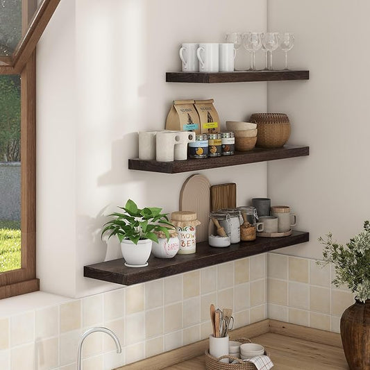 Axeman Floating Shelves for Wall, 24''W x 8'' D Rustic Solid Elm Wood Shelves for Storage, Wall Mounted Display Shelving with Invisible Heavy-Duty Metal Bracket (Walnut, 2PCs)
