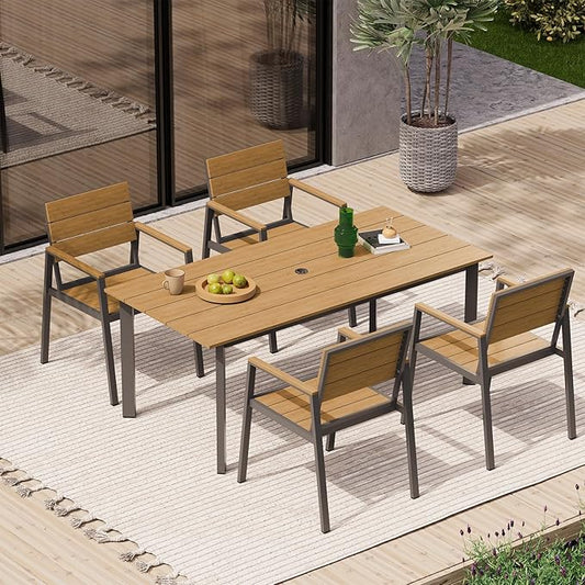 67" Rectangle HDPS Patio Dining Table, Aluminum Outdoor Patio Dining Table with Umbrella Hole, Weather-Resistant for Lawn, Garden, Yard, Poolside and Indoor Use (Gray & Teak)