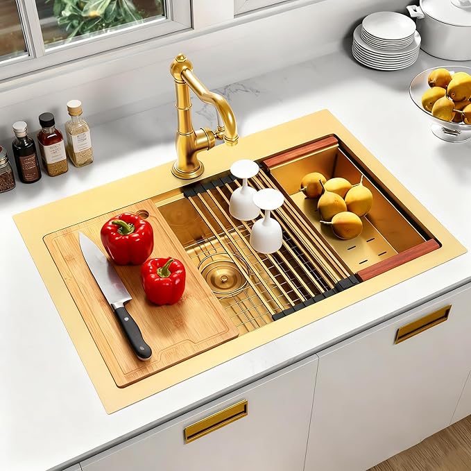 Gold Kitchen Sink, 33" x 22" Drop In Kitchen Sink,16 Gauge Stainless Steel All In One Workstation Sink with Ledge & Accessories, 33" x 22" x 10" Large and Deep Top Mount Kitchen Sinks