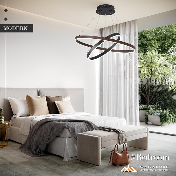 2 Ring LED Chandelier Black Walnut Wood Chandelier for Dining Room 24in Dimmable Circular Chandeliers Light Round Chandeliers for Bedroom Kitchen Entryway Living Room