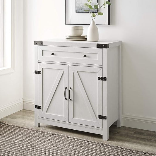 Walker Edison Farmhouse Double Barn Door Accent Kitchen Storage Cabinet Pantry with 1 Drawer, 30 Inch, Brushed white