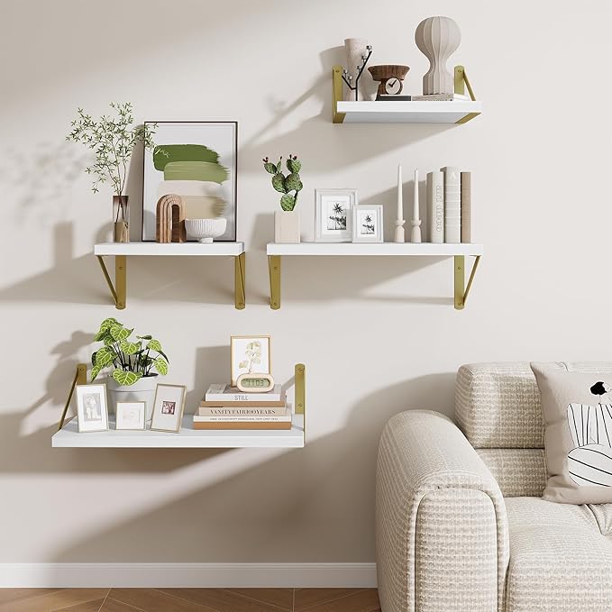 Deep Wall Shelves 40"W x 12"D Engineered Wood Floating Shelves for Wall, Sturdy Metal Bracket(Gold) Bookshelves Home Decor Storage for Living Room Bedroom Bathroom Kitchen, Set of 2, White Finish