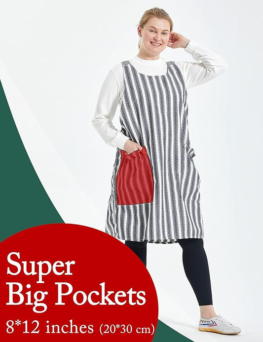 Big Plus Size Aprons for Women with Pockets Cotton Linen Baking Kitchen Cooking