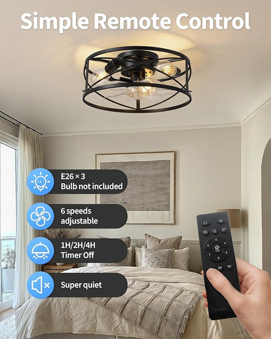 KDG 15.8″ Retro Low Profile LED Ceiling Fans with Light, Reversible Ceiling Fans Flush Mount with Remote and 6 Speeds, E26 Base Buld for Bedroom, Dinning Room, Kids Room, Kitchen
