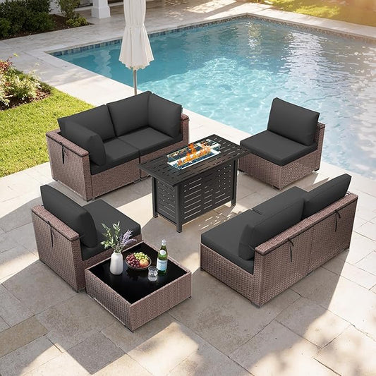 Patio Furniture Set 7 Pieces Conversation Set Wicker Outdoor Sectional Sofa,Ergonomic Armrests Couch with Cushion and Glass Table (Brown-Grey, 8 Piece-Fire Table)
