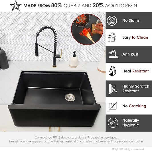 Stylish 30 x 21 Inch Farmhouse Composite Granite Apron Front Workstation Kitchen Sink, Single Bowl Undermount/Flush-Mount, 10 in Deep, with Cutting Board, Colander & Strainer, Black, S-830WN