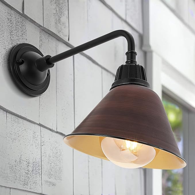 JONATHAN Y 9.63" 1-Light Wood Finish/Copper Farmhouse Outdoor Sconce, Industrial LED Wall Light, Gooseneck Arm Barn Lamp with Metal Bell Shade for Porch, Patio, Kitchen, LED Bulb Included (JYL7612G)