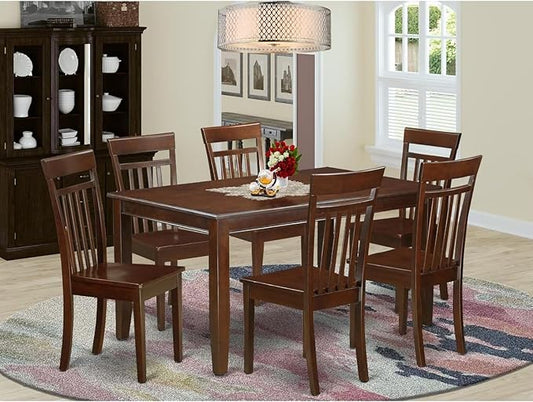 HomeStock 7-Piece Dining Set with Rectangle Solid Wood Table (36x60 Inch) and 6 Kitchen Chairs in Mahogany, Classic Dining Set for Your Home