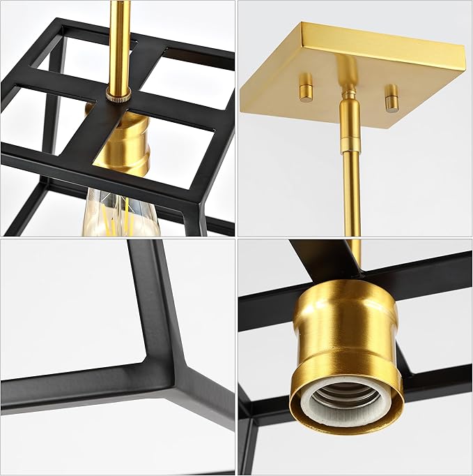JONATHAN Y 9.25" Black/Brass Gold 1-Light Iron Pendant Lantern, Farmhouse Industrial Cage Light for Kitchen Island Dining Room, Adjustable Height, LED Bulb Included JYL6509A