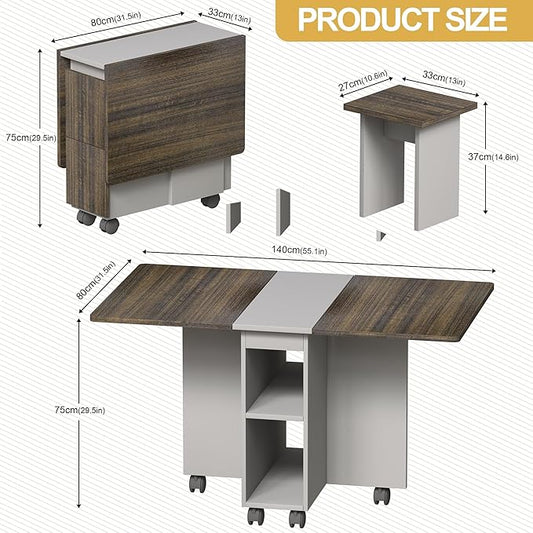 5 Pieces Folding Extendable Dining Table Set with 4 Chair Stool, 55 Inches Drop Leaf Wood Kitchen Dining Room Table Set with Storage and Wheels for Small Space, Grey Brown