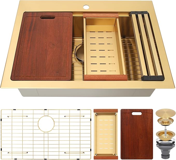 Gold Kitchen Sink 31" X 22",Drop In/Top Mount 16 Gauge Stainless Steel Workstation Sink,Deep & Large Single Bowl Kitchen Sinks (Gold, 31" X 22")