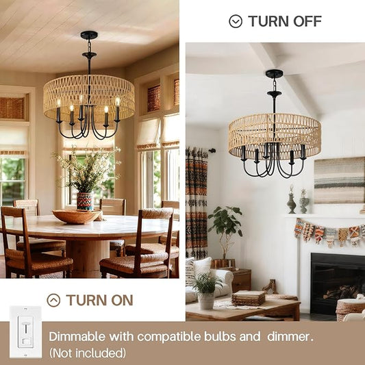 24 Inch Farmhouse Rattan Chandelier, Hand-Woven Boho Pendant Light Fixture with Black Metal Frame, Rustic Hanging Ceiling Lighting for Dining Room, Kitchen Island, Living Room, Bedroom