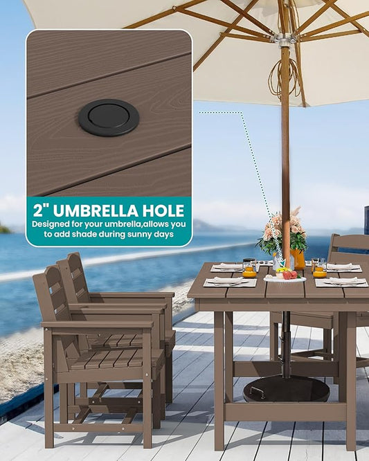 SERWALL 8-Piece Patio Dining Sets with 15FT Double Side Patio Umbrella, Outdoor HDPE Dining Furniture Set with Umbrella Hole Cut-Out Table and 6 Chairs, Coffee(Umbreall Base not Included)