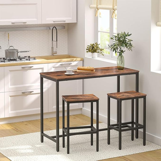 HOOBRO Bar Table Set and Kitchen Island, 47.2” Bar Table and 2 Bar Stools, Kitchen Counter with Hooks and Protective Rails for Kitchen, Living Room, Dining Room, Rustic Brown BF52BT01-BF02ZD01