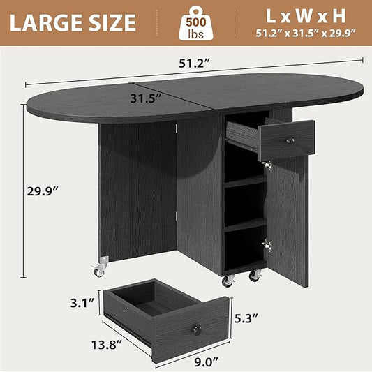 Jocoevol Round Folding Dining Table for 6, Space Saving Drop Leaf Kitchen Table with Storage Drawer, 6 Wheels Oval Gateleg Foldable Dining Table for Small Spaces (Black, 51" x 31.5" x 30")