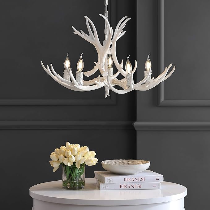 JONATHAN Y 30" White Rustic Resin Antler 5-Light LED Chandelier, Farmhouse Faux Deer Horn Hanging Ceiling Light for Dining Room, Kitchen Island, Adjustable Light Fixture (JYL6300B)