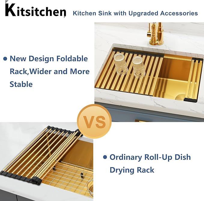 Kitsitchen 30 Inch Gold Undermount Kitchen Sink,16 Gauge Stainless Steel Under Counter Single Bowl Kitchen Sink,10 Inch Deep Workstation Sinks with Abundant Accessories & Offset Drain(30"x18"x10")