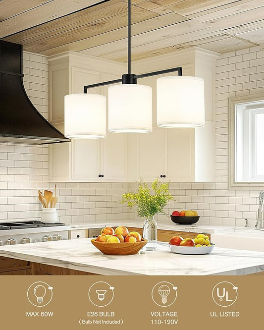 Emak Modern 34 Inch Kitchen Island Lighting, Black Dining Room Light Fixture with White Linen Drum Shade, Farmhouse 3-Light Linear Chandeliers for Dining Room, Kitchen, IL128-BK-WF-3