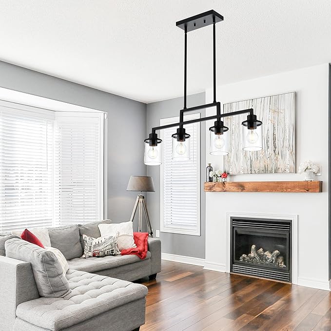 4-Light Dining Room Light Fixture, Linear Kitchen Island Lighting Black Chandelier Farmhouse Pendant Lighting for Kitchen Island Dining Table Living Room, Height Adjustable