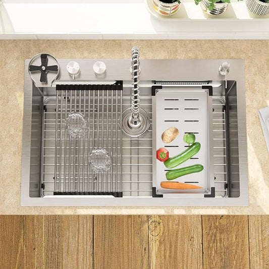 Lordear 30 Drop In Kitchen Sink with Faucet 30x22 Inch Waterfall Kitchen Sinks Topmount Stainless Steel 16 Gauge Single Bowl Workstation Kitchen Sink with Two Multifunctional Switch Knob