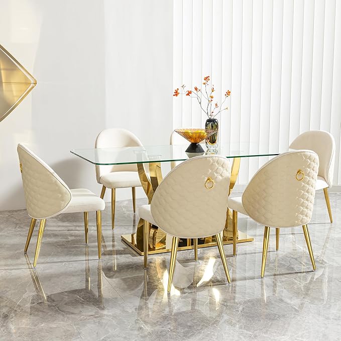 68.9" Rectangle Glass Dining Table for 6 People, Modern Luxury Kitchen Table with Tempered Glass Top, Gold Stainless Steel Curved Base with Crystal Decoration