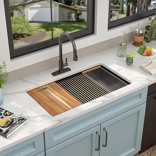 32"x19" Granite Composite Kitchen Sink - Matte Black Undermount Ledge Workstation Quartz Classic Luxury Under Counter Single Bowl Basin