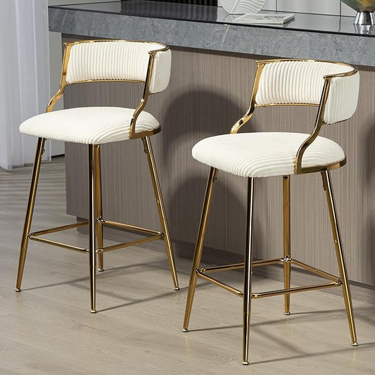 2-Pack Beige Corduroy Counter Height Bar Stools with Back, Golden Chrome Base and Footrest, Modern Kitchen Island Stools Set of 2, Upholstered Dining Stools for Home, Office, Cafe