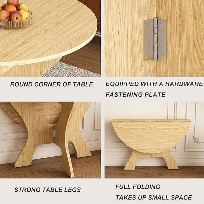 GDFStudio 43" Folding Dining Table for Small Spaces, Round Wood Kitchen Table with Ancient Oak Veneer, Space-Saving Foldable Table for Indoor & Outdoor Use, French Country & Beach Style