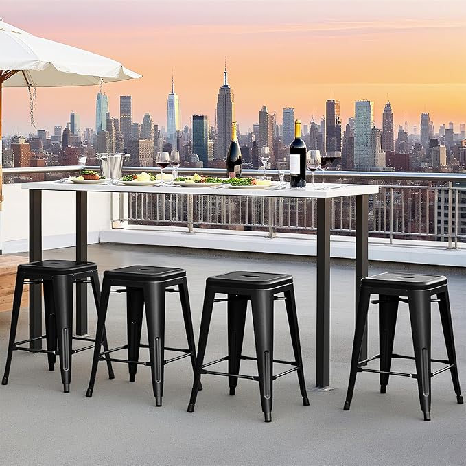 Sweetcrispy Metal Bar Stools Set of 8, 24 Inch Stackable Restaurant Classic Trattoria Metal Chairs, Backless Counter Height Barstool Chairs for Dining Room, Kitchen Island, Indoor Outdoor Use, Inky