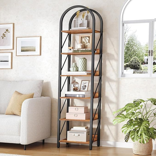 HOOBRO Bookshelf, 6-Tier Bookshelf Arched Display Racks, Industrial Bookcase with Metal Frame, Book Shelf Storage Organizer for Living Room, Office, Bedroom, Rustic Brown and Black BF426SJ01