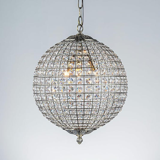 ALOADECOR 3-Light 16" Retro Antique Gold Crystal Globe Chandelier Sphere Cage-Style Shade Pendant Light for Kitchen Isl and Dining Room