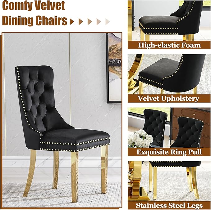 7-Piece Modern Luxury Dining Table Set, 70" Black Tempered Glass Dining Table with Gold Polished Stainless Steel U-Shaped Pedestal Base, 6 Black Velvet Upholstered Chairs, for Dining Room, Office