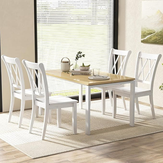 Giantex Wood Dining Chairs Set of 4 White, Rustic Armless Kitchen Chairs w/Rubber Wood Frame, Cross Back, Contoured Seat, Farmhouse Wooden Side Chairs, High Back Kitchen Chairs for Home Dining Room
