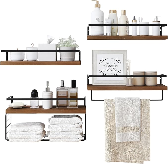 Wood Floating Shelves Wall Mounted - 4+1 Tier Rustic Bathroom Wall Shelves Over Toilet with Wire Storage Basket and Towel Bar, Set of 4 Farmhouse Floating Shelf for Bathroom, Kitchen, Bedroom.