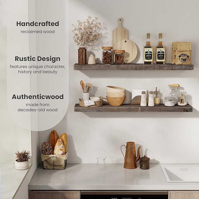 FLYJOE Floating Shelves Reclaimed Barnwood, 8" Deep Solid Wood Floating Shelf Wall Hanging Shelves with Invisible Heavy-Duty Metal Bracket | Wall Mounted | Farmhouse Style | 40 inches,2PCS,Grey