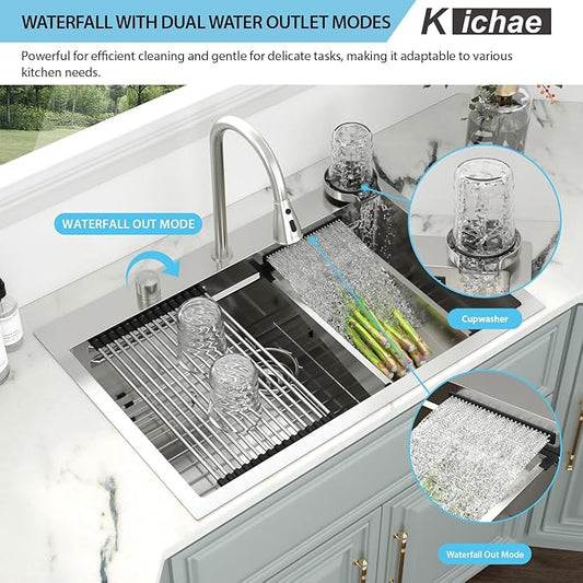 Kichae 33" x 22" Waterfall Sink Drop In - 33x22 Drop In Waterfall Kitchen Sink 304 Stainless Steel 16G Handmade Single Bowl Workstation Sinks with Faucet Combo & Glass Rinser