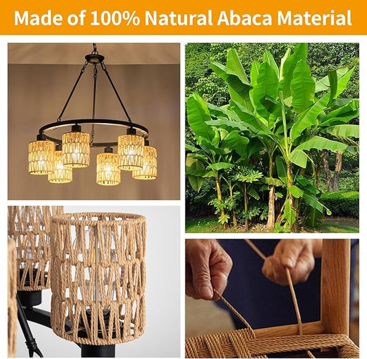 6-Light 24" Boho Rattan Chandeliers for Dining Room,Farmhouse Wagon Wheel Chandeliers,Adjustable Height Hanging Round Pendant Lighs for Kitchen Island,Wicker Lampshade Chandelier Light Fixture