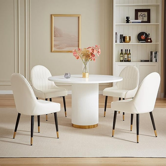 Round Dining Table Set for 6, 46.46" Modern Farmhouse Dining Table and 4 Leather Dining Chair, Circle Kitchen Tables with Wood & Gold Stainless Steel Base for Living Room, Kitchen,White