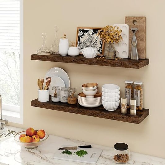 Acovy 36 Inch Floating Shelves, 9.3" Deep Floating Shelf Wall Mounted, 36" Wall Shelves, Rustic Deep Bookshelf, Large Display Shelves & Storage Shelves for Bedroom, Living Room, Brown, Set of 2