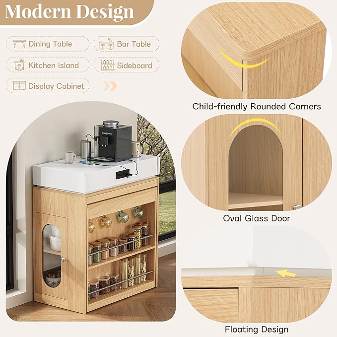 Kitchen Islands with Extendable Dining Table, Wheels and Hooks, Sideboard, Island Table with Double-Side Storage for Kitchen and Dining Room (Natural+Creamy White)