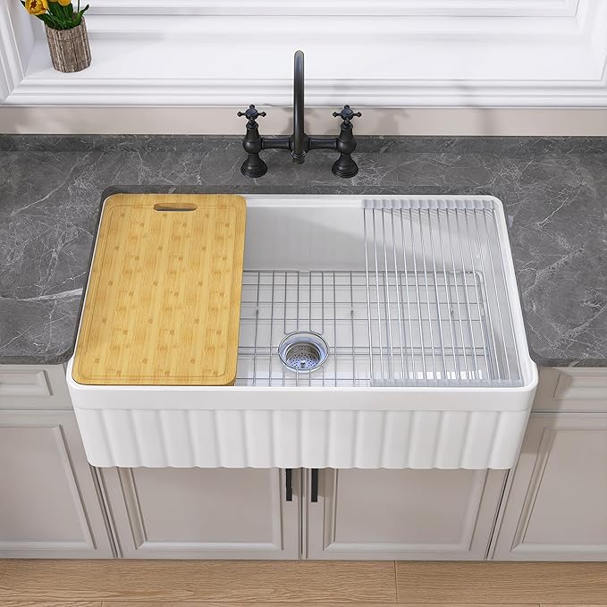 GETPRO White Farmhouse Sink 33 X 20 Fireclay Apron Front Undermount Workstation Kitchen Sink Single Bowl Reversible Farm House Style Extra Deep & Wide with Cutting Board & Accessory Kit